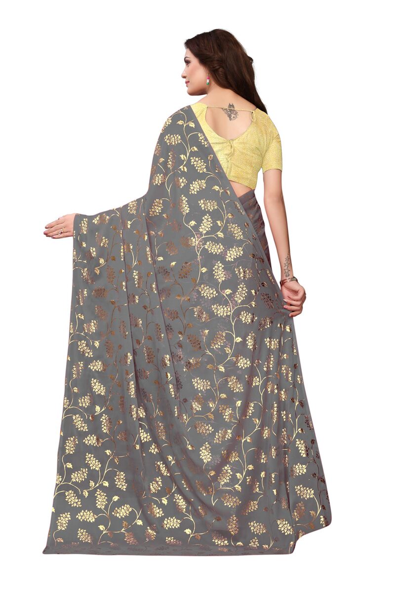 Yashika Silk with Blouse Piece Saree (FOIL Floral Black_Grey_Free Size) - Image 3