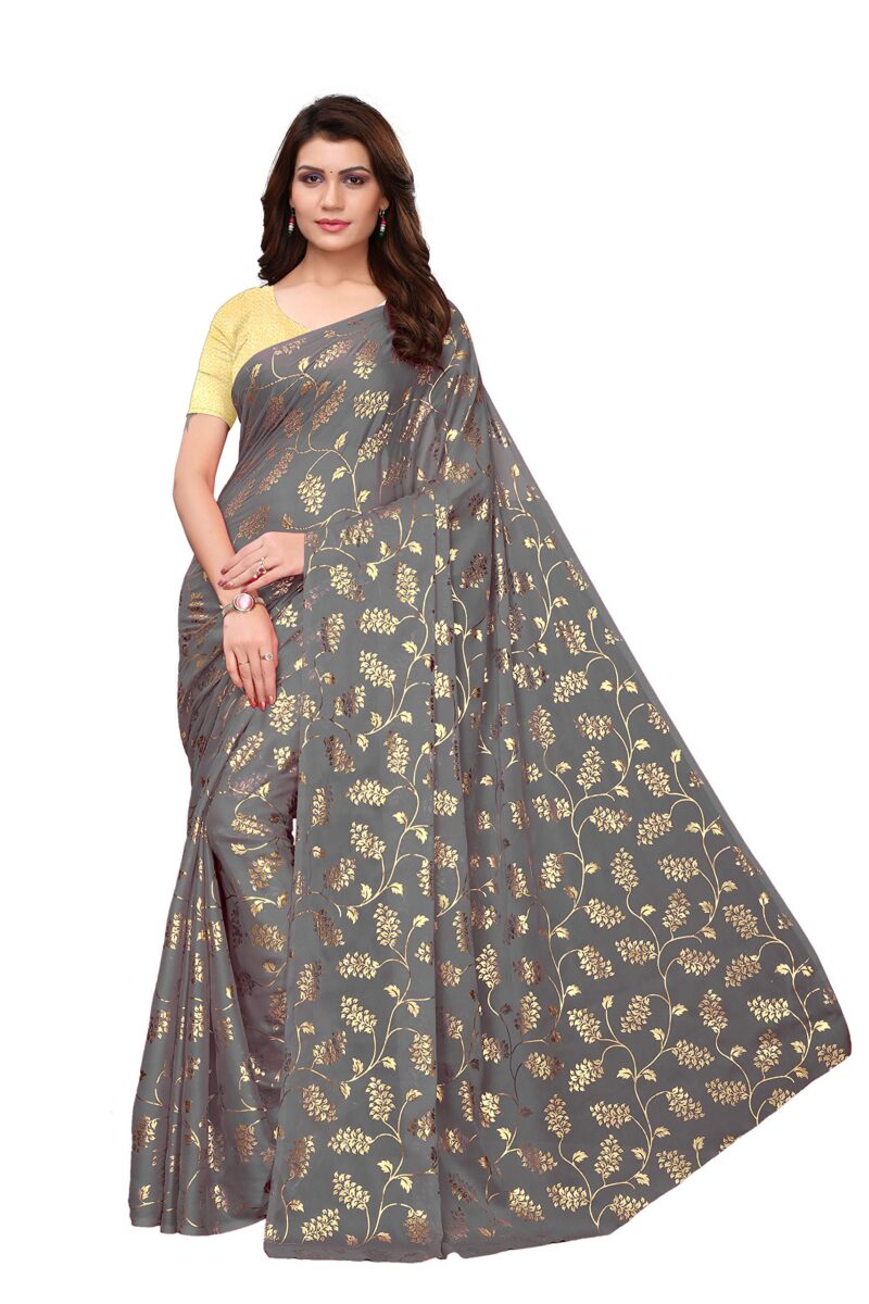 Yashika Silk with Blouse Piece Saree (FOIL Floral Black_Grey_Free Size)