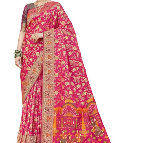 Monjolika Fashion Women's Banarasi Silk Saree With Blouse Piece. (Rani Pink-3804)