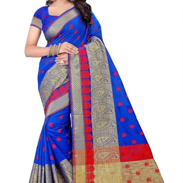 Ecolors Fab Women's Banarasi Cotton Silk Saree With Blouse Piece (Saree_Blue0_Blue_Free Size_Blue)